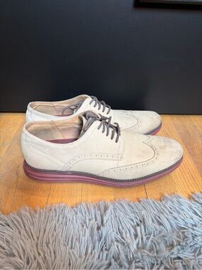 Cole Haan Beige Suede Wingtip Oxfords with Burgundy Sole